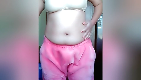 Chubby chick masturbates and fucks on her own giant dildo