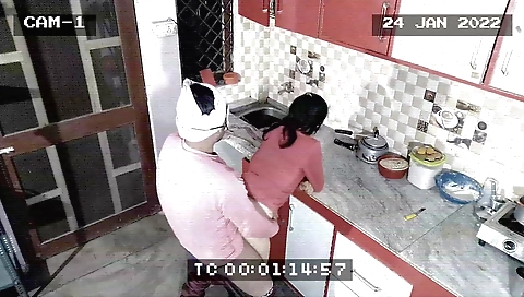 Brunette teen gets caught with a maid in the kitchen