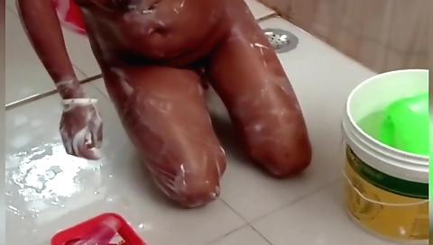 Indian blonde enjoys bathing and naked in the shower