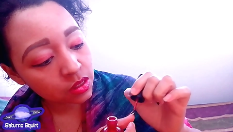 Amateur brunette hairdresser 18+ plays with hair and nails