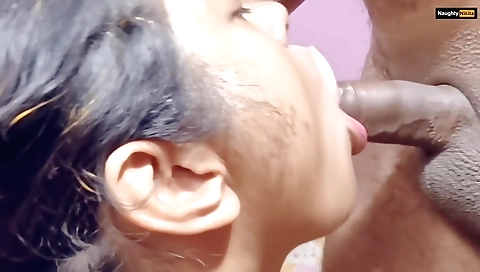 Hot brunette is getting a blowjob and some water droplets