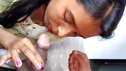 Indian beauty with small tits is having first blowjob