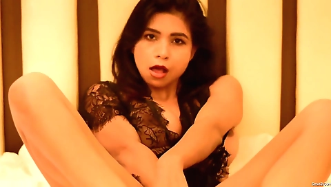 Cute brunette with a small ass spreads her legs open