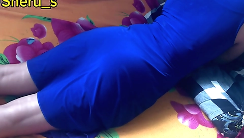 Slutty brunette in red dress fucks herself in hd video