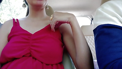 Busty brunette with long legs fucked in the back seat